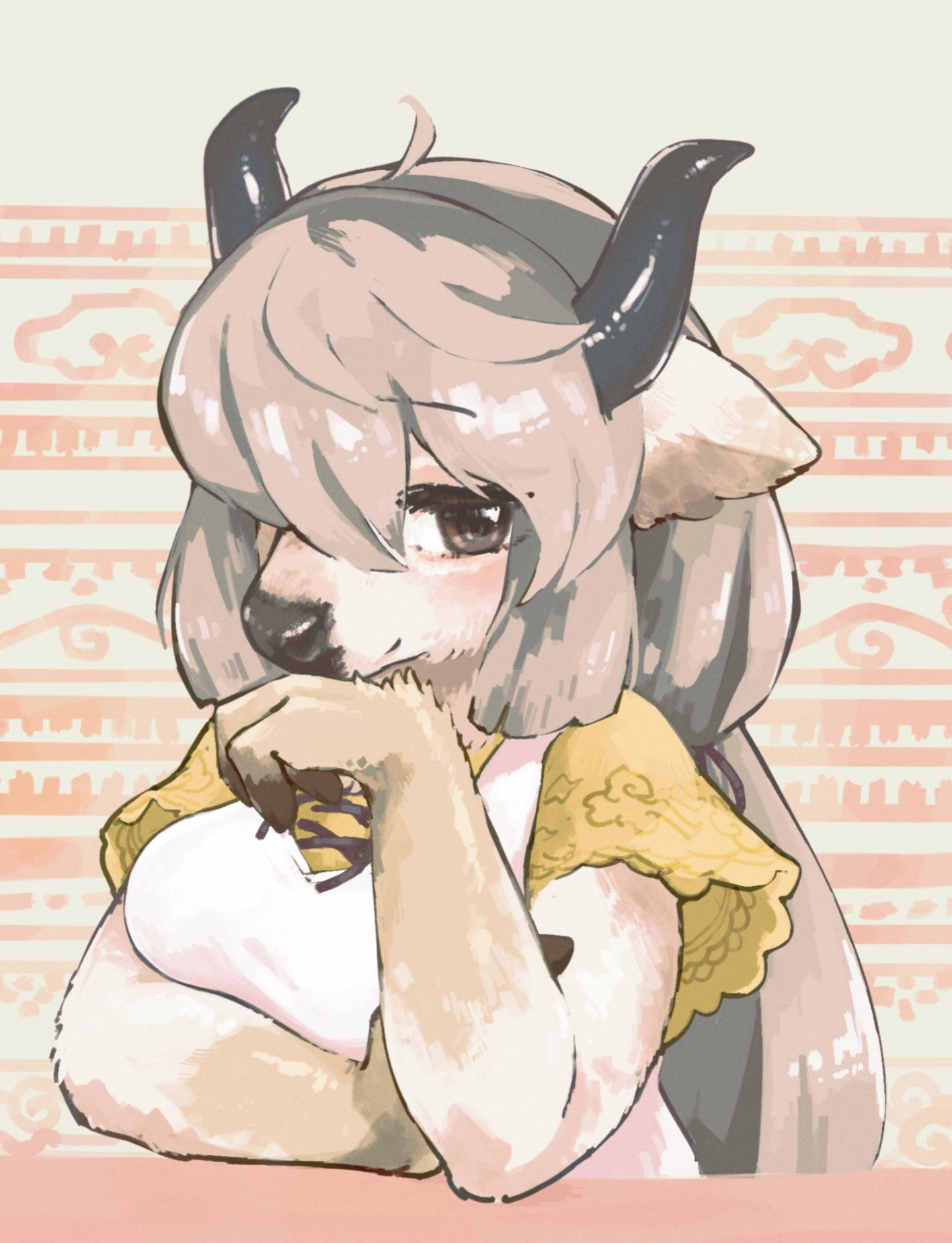 1girl ahoge animal_nose bangs black_eyes black_horns body_fur brown_fur closed_mouth dress furrification furry furry_female grey_hair hair_over_one_eye hair_ribbon hand_on_own_arm hand_on_own_chin hand_up highres horns kemono_friends light_smile long_bangs looking_at_viewer multicolored_fur ox_ears ox_girl ox_horns ribbon shirt short_sleeves snout solo striped toki_reatle upper_body vertical_stripes white_fur yak_(kemono_friends) yellow_shirt