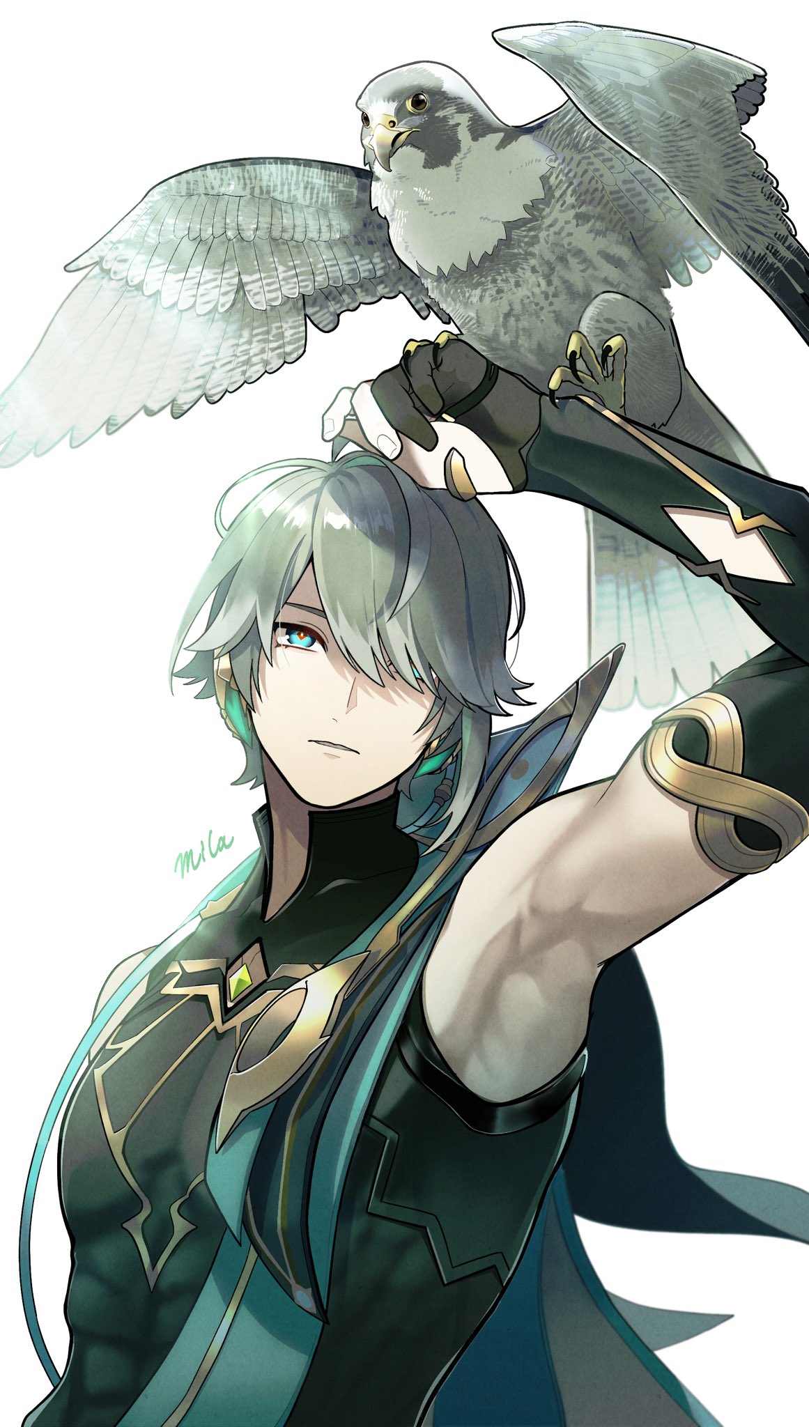 1boy alhaitham_(genshin_impact) animal_on_arm aqua_eyes artist_name bare_shoulders bird bird_on_arm black_gloves black_shirt elbow_gloves falcon falconry genshin_impact gloves grey_hair hair_over_one_eye highres looking_up male_focus partially_fingerless_gloves shirt short_hair sleeveless sleeveless_shirt toned toned_male upper_body white_background yonabe0