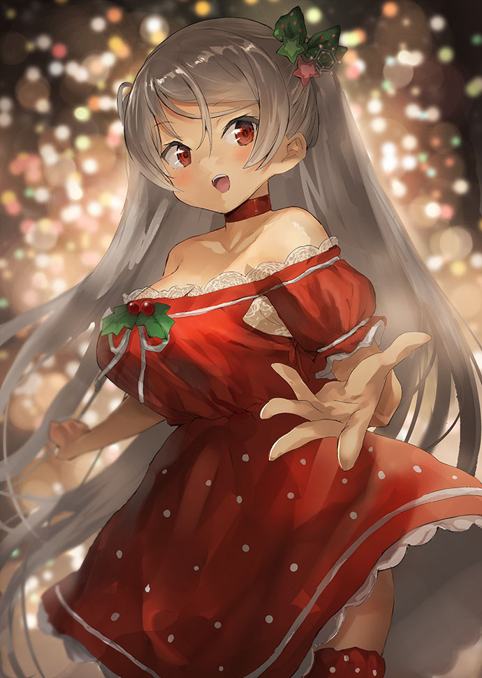 1girl bad_anatomy bad_proportions blush breasts brown_eyes choker christmas christmas_lights conte_di_cavour_(kancolle) cowboy_shot dress foreshortening grey_hair kantai_collection large_breasts long_hair open_mouth red_choker red_dress red_thighhighs smile solo thigh-highs toka_(marchlizard)