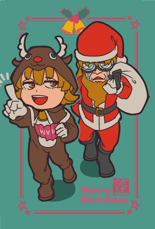 2boys ace_attorney ace_attorney_investigations animal_costume animal_ears animal_hood antlers beard boots brown_eyes brown_hair chibi christmas crying deer_ears facial_hair fake_antlers glasses gloves hat hood ichiyanagi_bansai ichiyanagi_yumihiko long_sleeves male_focus merry_christmas multiple_boys oekakisagi open_mouth pants pointing red_nose reindeer_antlers reindeer_costume reindeer_hood sack santa_boots santa_costume santa_hat smile walking white_gloves