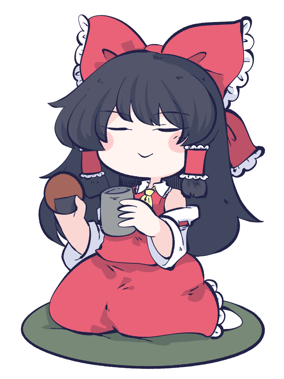 1girl ascot bare_shoulders black_hair blush_stickers bow closed_eyes closed_mouth cup detached_sleeves food fried_rice0614 hair_bow hair_tubes hakurei_reimu highres holding holding_cup holding_food japanese_clothes long_hair nontraditional_miko one-hour_drawing_challenge red_bow red_skirt ribbon-trimmed_sleeves ribbon_trim sidelocks simple_background skirt smile solo touhou white_background white_sleeves wide_sleeves yellow_ascot