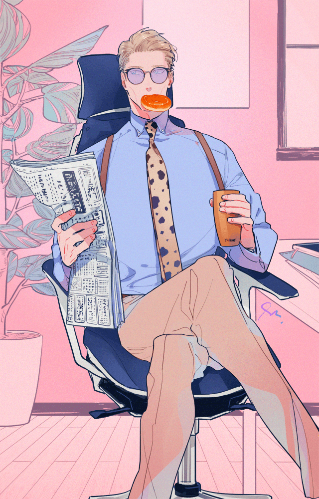 1boy animal_print blonde_hair blue_shirt chair collared_shirt crossed_legs cup doughnut feet_out_of_frame food grey_pants holding holding_cup holding_newspaper indoors jujutsu_kaisen leopard_print long_sleeves male_focus mouth_hold moyashi_(narukami) nanami_kento necktie newspaper office_chair pants plant potted_plant shirt short_hair solo suspenders window yellow_necktie