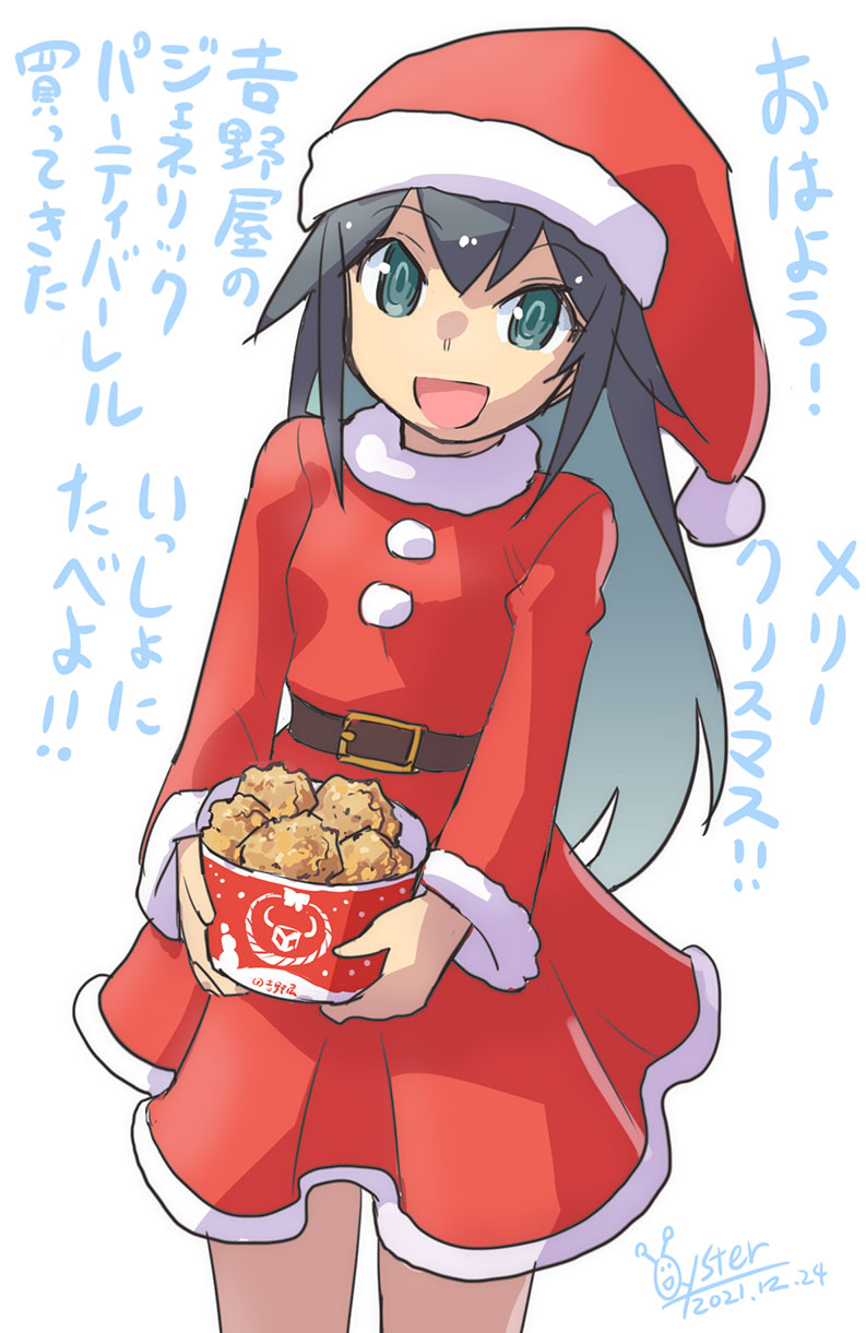 1girl :d artist_name bangs belt black_belt black_eyes black_hair bucket chicken_(food) christmas commentary cowboy_shot dated dress food fur-trimmed_dress fur_trim hat highres holding holding_food long_hair long_sleeves looking_at_viewer merry_christmas niizuma_iroha open_mouth oyster_(artist) red_dress red_headwear santa_dress santa_hat shinkon_no_iroha-san short_dress signature simple_background smile solo standing translated white_background