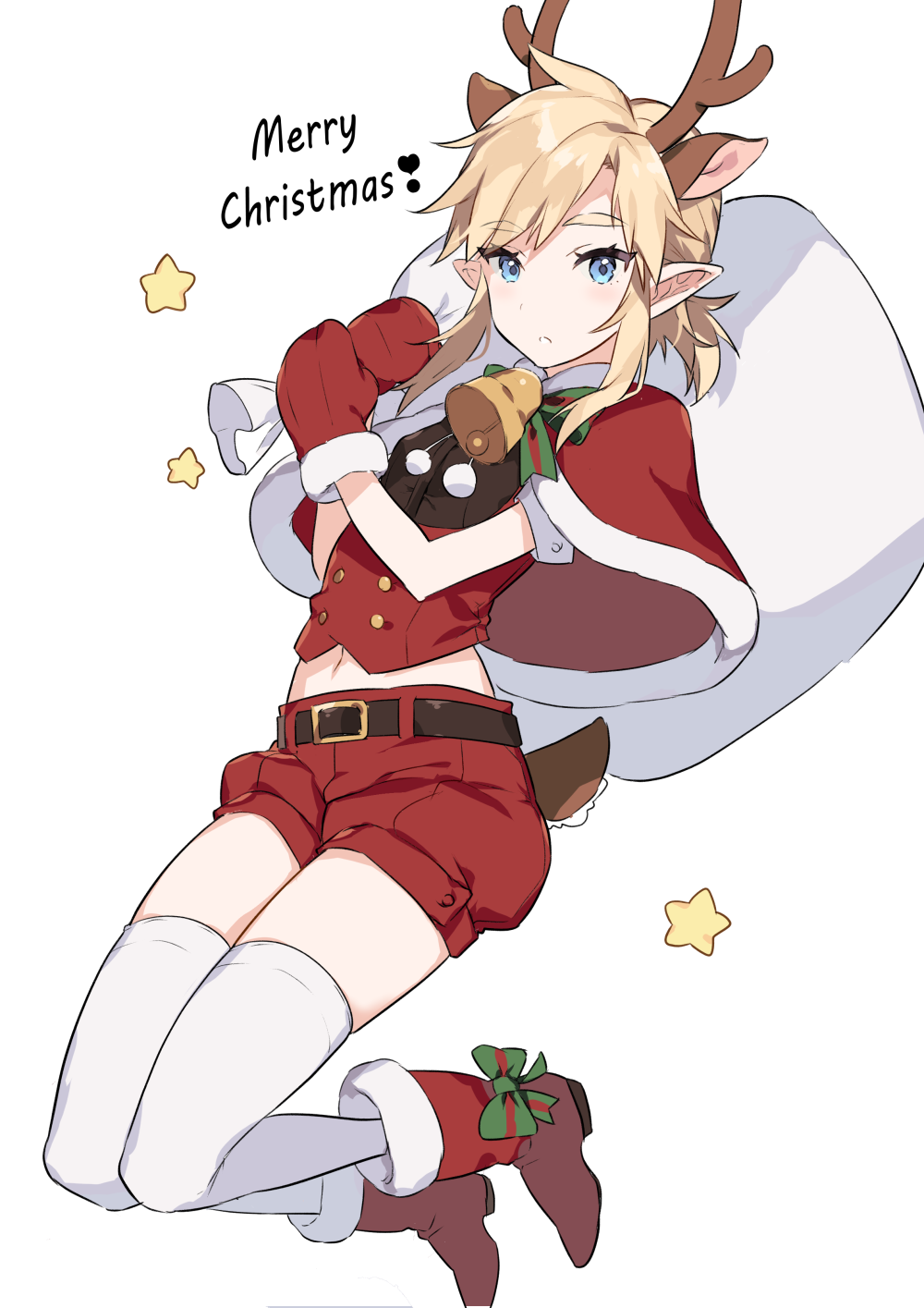 1boy animal_ears antlers bag bangs bell belt black_belt blonde_hair blue_eyes boots capelet christmas deer_ears deer_tail gloves highres holding holding_bag jumping link looking_at_viewer midair navel neck_bell pointy_ears reindeer_antlers santa_costume shorts sidelocks simple_background solo star_(symbol) tail the_legend_of_zelda the_legend_of_zelda:_breath_of_the_wild tubumi white_background