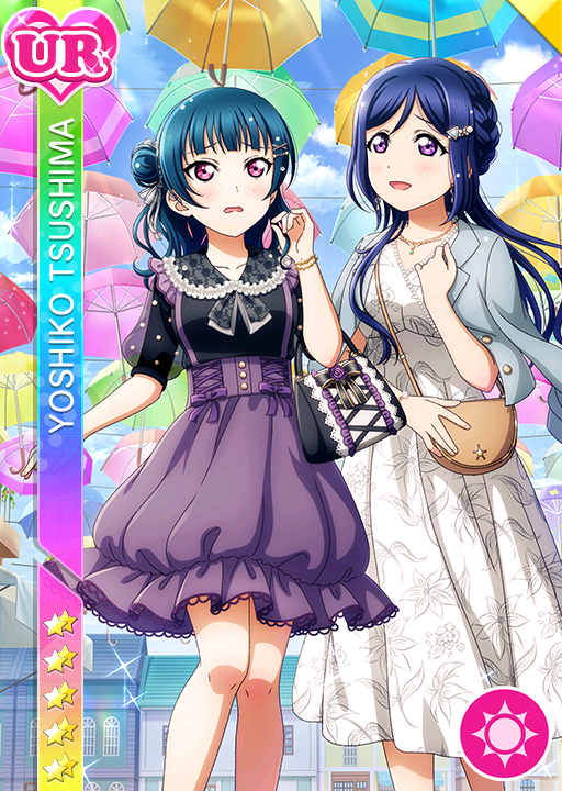 blue_hair blush character_name dress long_hair love_live!_school_idol_festival love_live!_sunshine!! matsuura_kanan pink_eyes tsushima_yoshiko