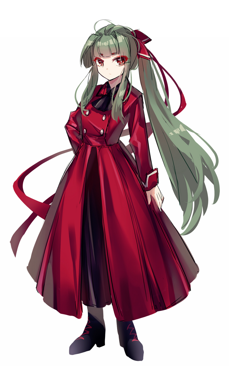 1girl akinomiya_asuka alternate_costume ascot bangs black_ascot black_footwear black_skirt blunt_bangs breasts bright_pupils buttons closed_mouth coat collared_coat commentary_request full_body green_hair hair_ribbon hand_on_hip highres long_hair long_skirt long_sleeves mystical_power_plant original ponytail red_coat red_eyes red_ribbon ribbon simple_background skirt small_breasts solo standing suitokuin_tenmu touhou white_background white_pupils