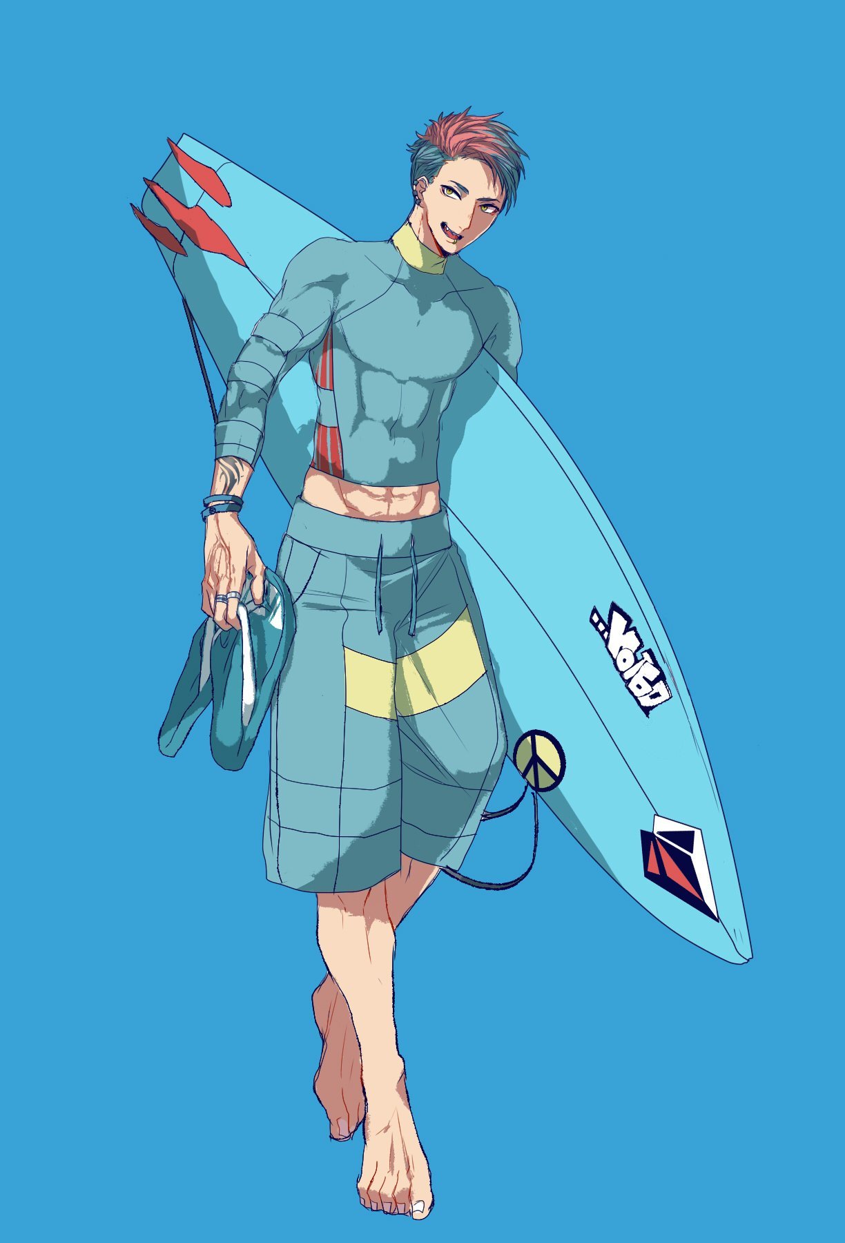 1boy abs barefoot blue_background blue_hair earclip fang feraligatr highres jewelry lip_ring looking_at_viewer male_focus personification pokemon redhead ring sandals short_hair solo surfboard tattoo toned toned_male woborou wristband yellow_eyes