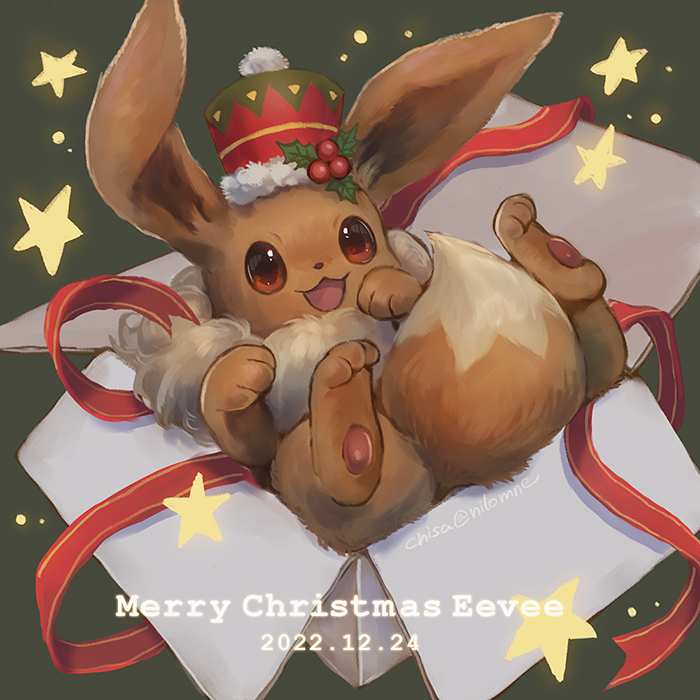:d box brown_eyes character_name christmas clothed_pokemon commentary_request dated eevee in_box in_container lying merry_christmas momomo12 on_back open_mouth pokemon red_ribbon ribbon smile star_(symbol)