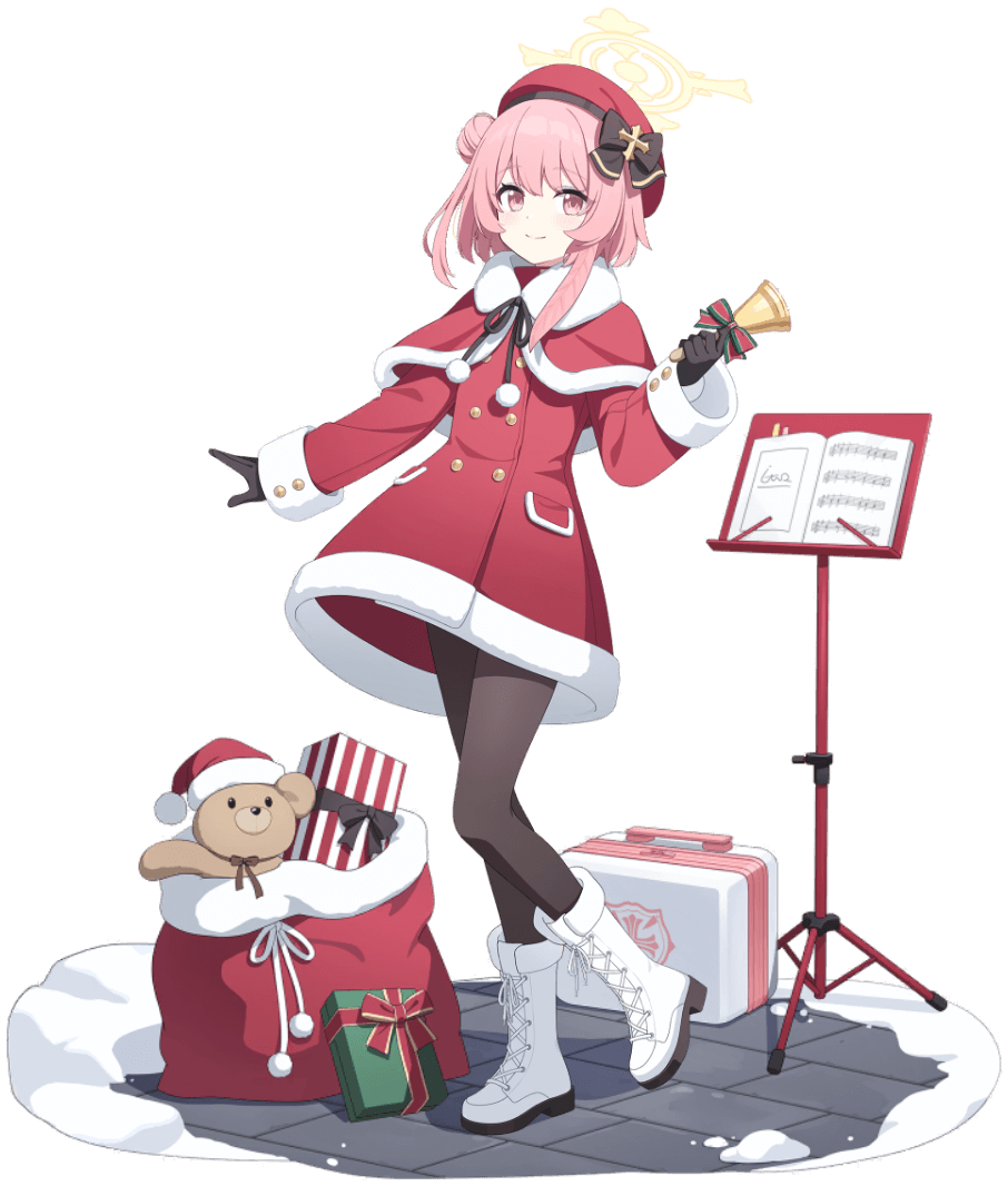 bell blue_archive boots christmas dress gift gloves halo hat looking_at_viewer official_art pink_hair red_dress santa_hat serina_(blue_archive) serina_(christmas)_(blue_archive) sheet_music stuffed_animal stuffed_toy tachi-e teddy_bear transparent_background white_footwear