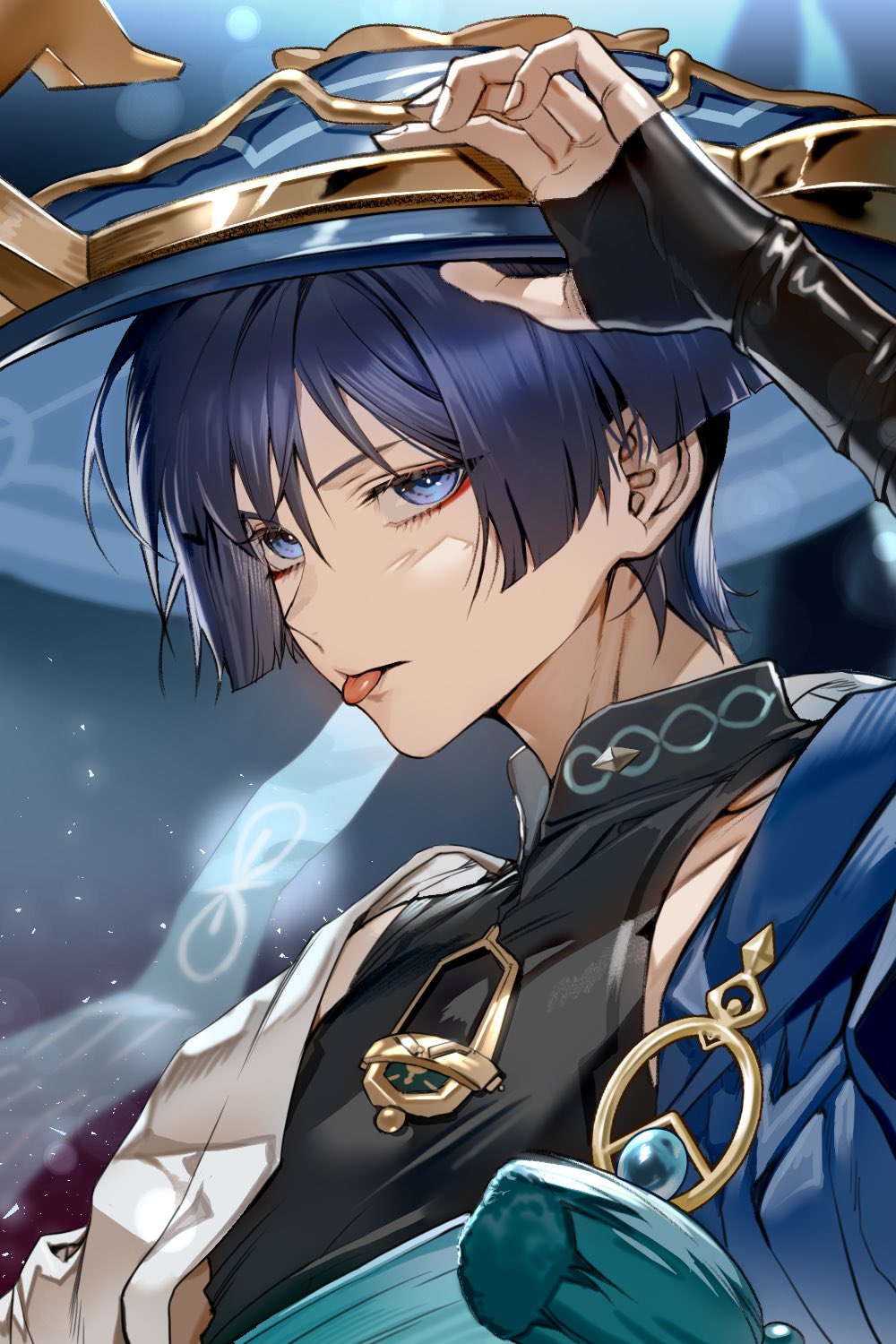 1boy arm_armor arm_up bangs black_shirt blue_background blue_gemstone blue_hair blue_headwear blue_vest closed_mouth dark_blue_hair fingernails gem genshin_impact gradient gradient_background grey_vest hair_between_eyes hand_on_headwear hand_up hat highres jewelry jingasa looking_at_viewer male_focus mandarin_collar mumu_086 necklace official_alternate_costume open_clothes open_vest pom_pom_(clothes) red_eyeliner ring scaramouche_(genshin_impact) shirt short_hair short_sleeves sleeveless sleeveless_shirt solo tongue tongue_out two-tone_vest upper_body vest vision_(genshin_impact) wanderer_(genshin_impact)