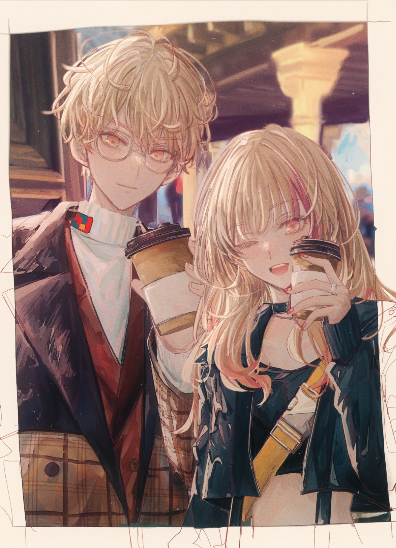 1boy 1girl ;d alternate_costume alternate_hairstyle black_jacket black_tank_top blonde_hair brother_and_sister closed_mouth coat coffee_cup cropped_jacket cup curly_hair day disposable_cup glasses highres jacket leather leather_jacket long_hair long_sleeves looking_at_viewer official_alternate_costume official_alternate_hairstyle one_eye_closed open_mouth orange_eyes outdoors plaid_coat project_sekai short_hair siblings smile standing tank_top teeth tenma_saki tenma_tsukasa tkkr07 turtleneck upper_body upper_teeth_only white-framed_eyewear