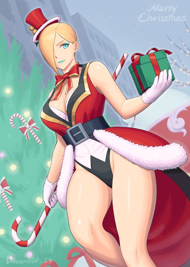 1girl bare_legs belt blonde_hair breasts candy candy_cane christmas christmas_lights christmas_tree falke_(street_fighter) food gift gloves green_eyes green_lips hair_over_one_eye hat large_breasts leotard noppo_(tarstation) red_ribbon ribbon solo street_fighter street_fighter_v thighs white_gloves