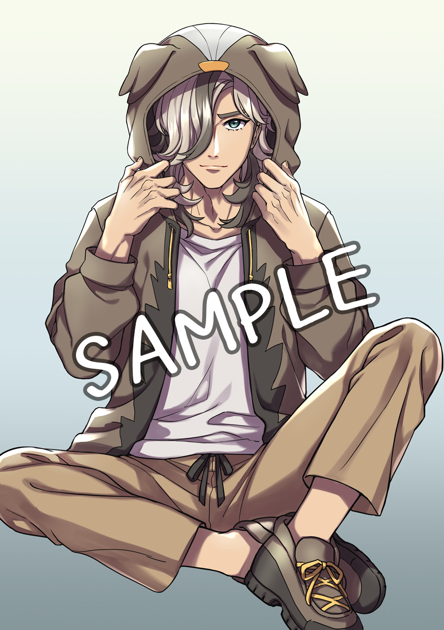 &gt;:) 1boy animal_ears animal_hood arven_(pokemon) bangs black_hair blue_background blue_eyes brown_footwear brown_jacket brown_pants closed_mouth comiket_101 dog_ears dog_hood drawstring fake_animal_ears gradient gradient_background grey_hair hair_over_one_eye hands_up highres hood hood_up hooded_jacket jacket looking_at_viewer male_focus mono_land multicolored_hair open_clothes open_jacket pants pokemon pokemon_(game) pokemon_sv sample_watermark shirt shoes sitting smile solo streaked_hair thick_eyebrows v-shaped_eyebrows white_shirt