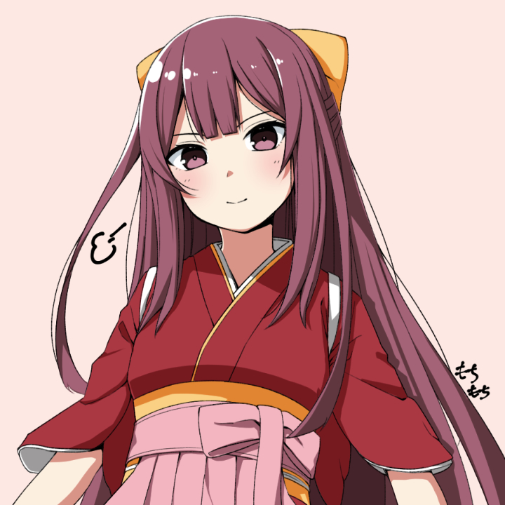 1girl artist_name blush brown_background closed_mouth hair_ribbon hakama japanese_clothes kamikaze_(kancolle) kantai_collection kimono long_hair meiji_schoolgirl_uniform moti_coi one-hour_drawing_challenge pink_hakama purple_hair red_kimono ribbon signature simple_background smile solo upper_body violet_eyes yellow_ribbon