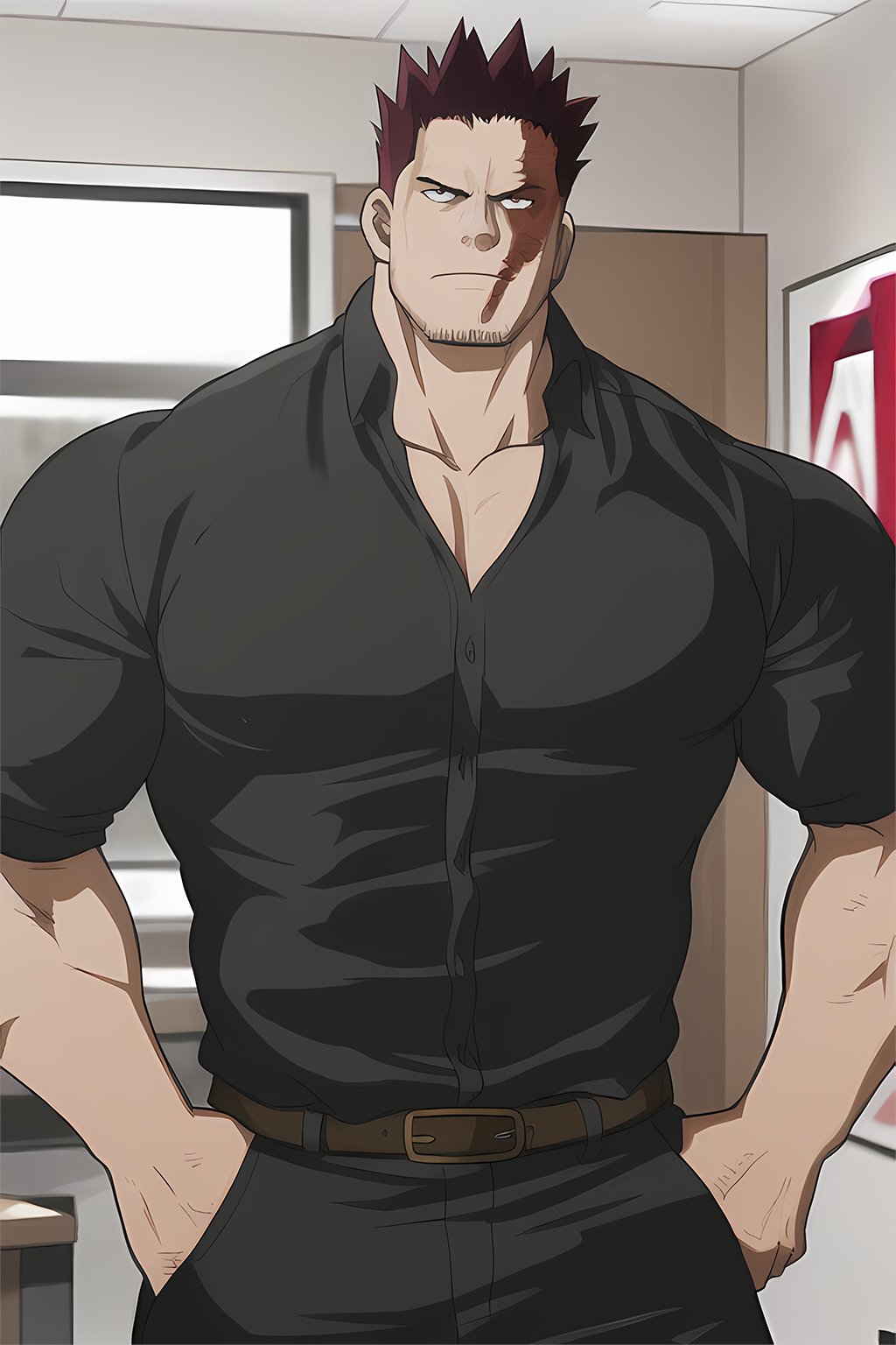 1boy belt black_belt black_pants black_shirt boku_no_hero_academia collarbone endeavor_(boku_no_hero_academia) facial_hair hands_in_pockets highres looking_at_viewer male_focus muscular muscular_male pants scar scar_on_face shirt short_hair short_sleeves solo spiky_hair tsukumo_(milesway2006) upper_body