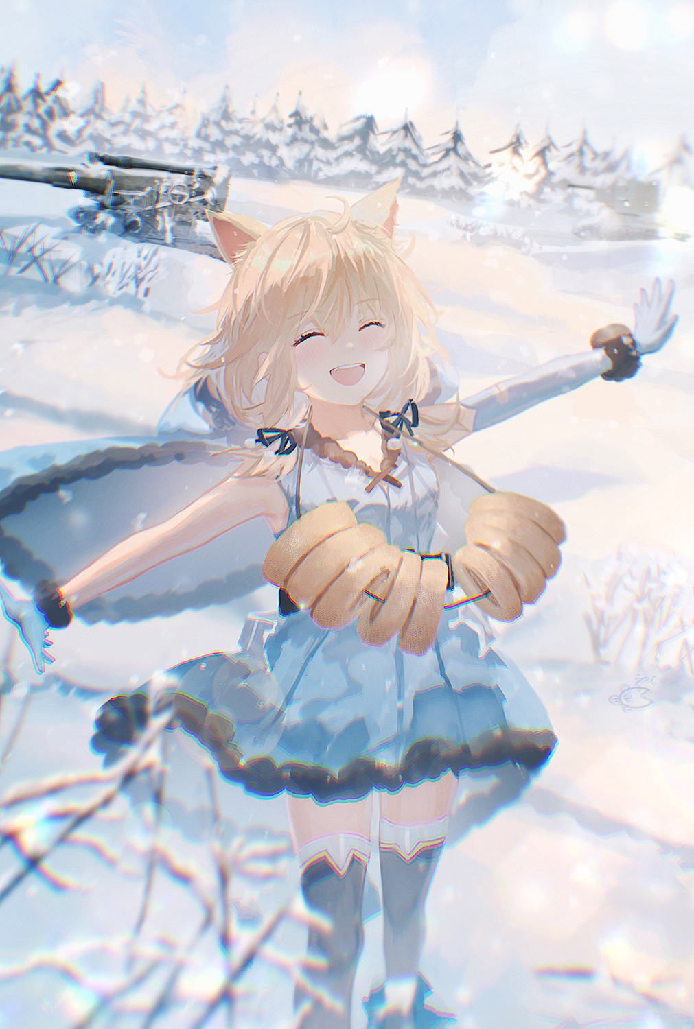 1girl ahoge animal_ears ankodesoy ash_arms b-4_(ash_arms) bangs bare_shoulders black_thighhighs blonde_hair blue_dress blue_ribbon blurry breasts cannon capelet closed_eyes commentary day depth_of_field dress elbow_gloves english_commentary feet_out_of_frame frilled_dress frills gloves hair_between_eyes happy highres light_blush medium_hair open_mouth outdoors outstretched_arms ribbon scrunchie single_elbow_glove sleeveless sleeveless_dress small_breasts smile snow solo standing teeth thigh-highs upper_teeth_only white_gloves wrist_scrunchie zettai_ryouiki