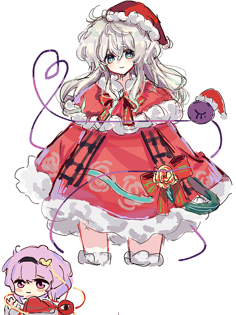 2516559270 2girls black_hairband blush bow bowtie bright_pupils capelet chinese_commentary christmas closed_mouth commentary cropped_legs dress fur-trimmed_capelet fur-trimmed_dress fur-trimmed_headwear fur-trimmed_sleeves fur_trim green_eyes green_hair hair_between_eyes hair_ornament hairband hat heart heart_hair_ornament heart_of_string komeiji_koishi komeiji_satori long_hair looking_at_viewer multiple_girls pink_eyes pink_hair red_bow red_bowtie red_capelet red_dress red_headwear santa_costume santa_hat short_hair siblings smile third_eye touhou white_pupils