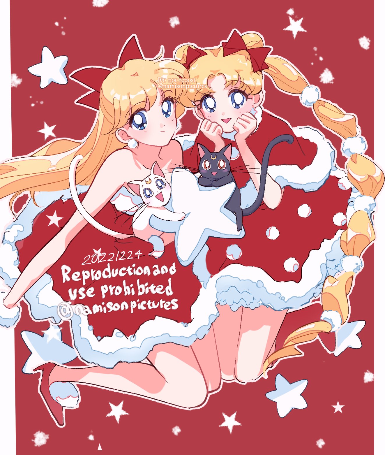 2girls aino_minako artemis_(sailor_moon) bangs bare_shoulders bishoujo_senshi_sailor_moon black_cat blonde_hair blue_eyes bow capelet cat dated double_bun dress earrings facial_mark forehead_mark full_body fur-trimmed_capelet fur-trimmed_dress fur_trim hair_bow hair_bun hair_ornament hands_on_own_cheeks hands_on_own_face highres jewelry kneeling light_blush long_hair looking_at_viewer luna_(sailor_moon) multi-tied_hair multiple_girls namisonpictures parted_bangs parted_lips pillarboxed pom_pom_(clothes) pom_pom_earrings pom_pom_hair_ornament red_background red_bow red_capelet red_dress red_footwear smile snow star_(symbol) strapless strapless_dress tsukino_usagi twintails twitter_username whiskers white_cat white_pom_poms