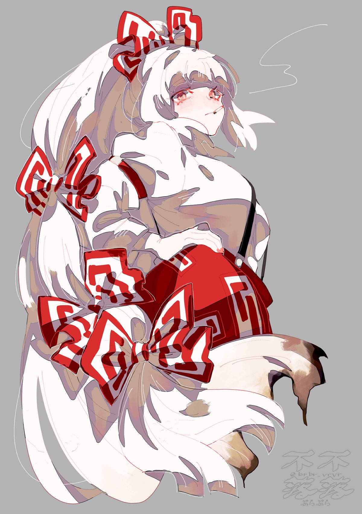 1girl arm_strap artist_name baggy_pants bangs blunt_bangs bow brbr_vrvr burnt_hair cigarette closed_mouth collared_shirt commentary cropped_legs from_side fujiwara_no_mokou grey_background hair_bow hand_on_hip highres long_hair long_sleeves looking_at_viewer ofuda ofuda_on_clothes pants pink_nails ponytail red_bow red_eyes red_pants shirt simple_background smoking solo suspenders touhou two-tone_bow very_long_hair white_bow white_hair white_shirt