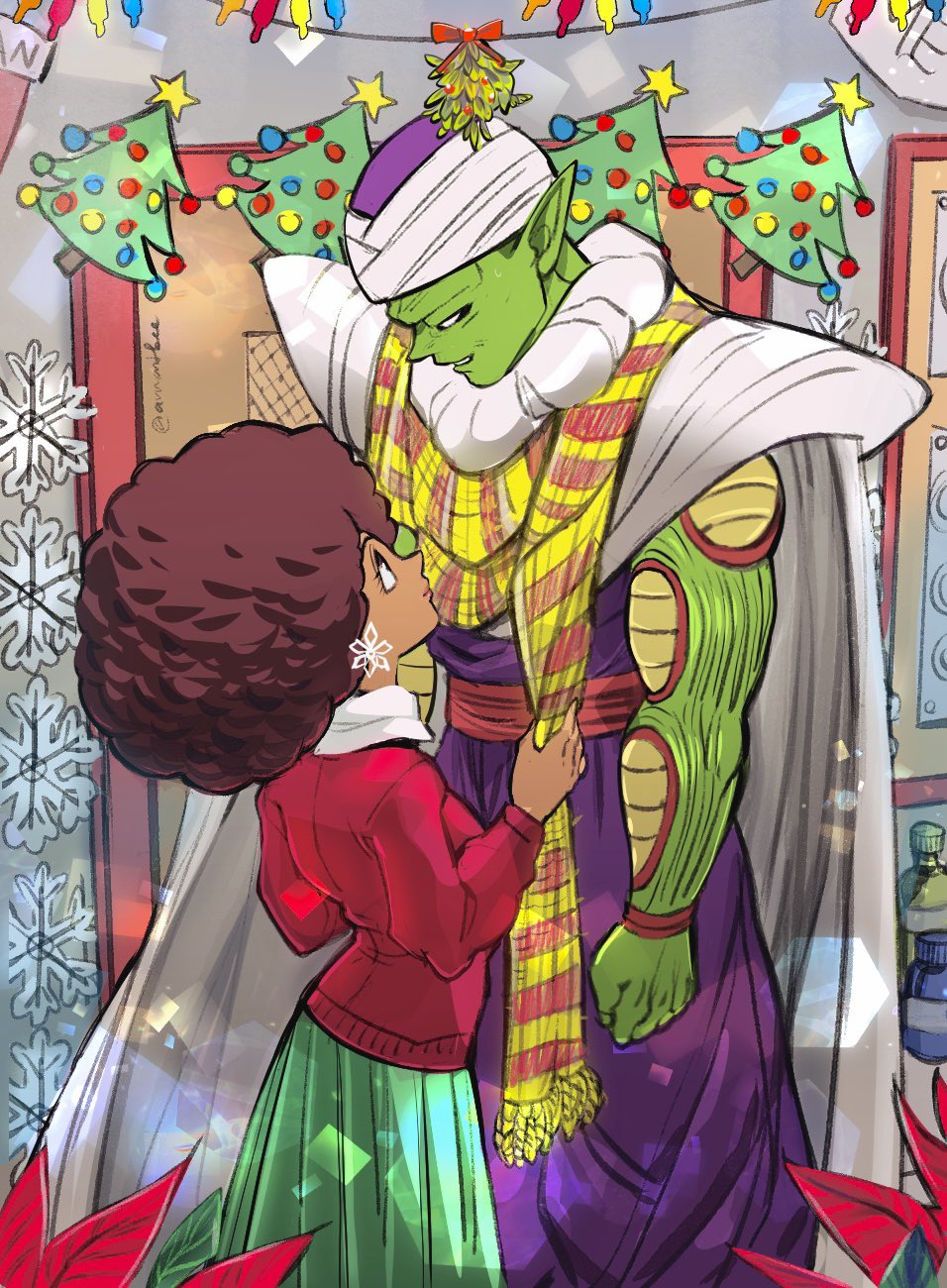 1boy 1girl afro amartbee brown_hair cape christmas_lights christmas_tree colored_skin dark-skinned_female dark_skin dougi dragon_ball dragon_ball_super dragon_ball_super_super_hero earrings green_skin green_skirt hetero highres holding holding_clothes holding_scarf janet_(dragon_ball) jewelry muscular open_mouth piccolo pointy_ears red_sweater scarf skirt smile snowflake_earrings snowflake_ornament sweater turban