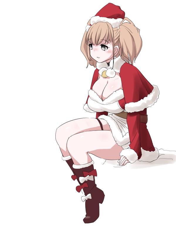 1girl alternate_costume atlanta_(kancolle) breasts brown_hair capelet christmas dress earrings fur-trimmed_capelet fur-trimmed_dress fur-trimmed_headwear fur_trim grey_eyes hat jewelry kantai_collection large_breasts long_hair long_sleeves official_alternate_costume red_capelet red_dress santa_dress santa_hat sitting solo star_(symbol) star_earrings tamu_(mad_works) two_side_up