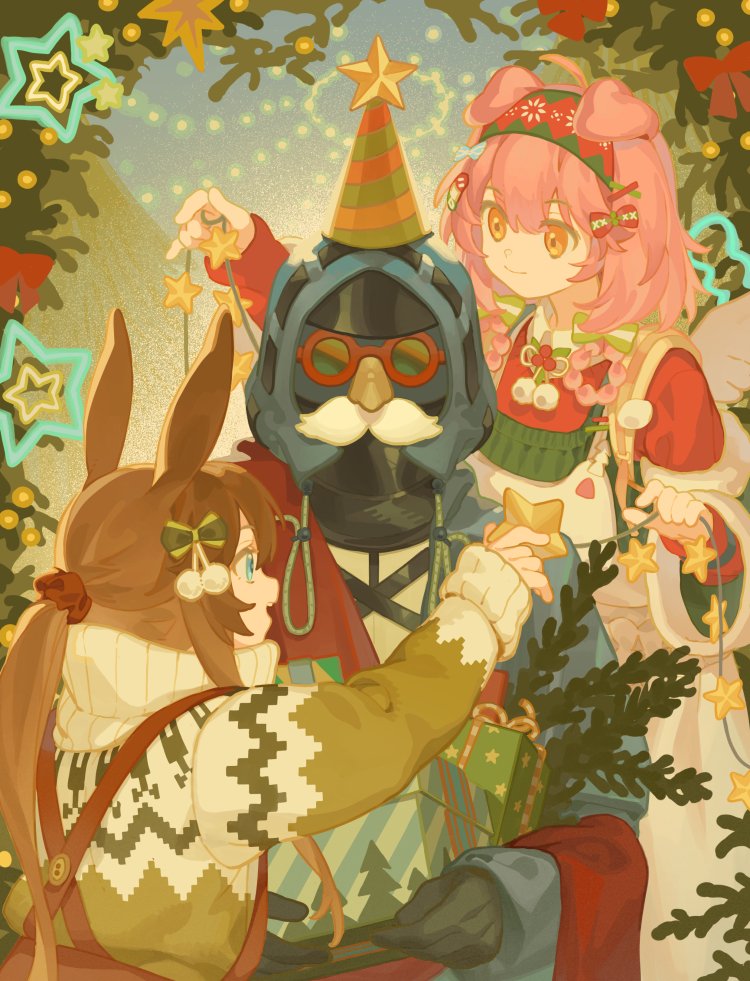 1other 2girls alternate_costume amiya_(arknights) angel_wings animal_ears apron arknights bangs black_coat black_gloves bow branch brown_hair cat_ears cat_girl christmas christmas_lights christmas_sweater christmas_tree closed_mouth coat commentary doctor_(arknights) fake_facial_hair fake_mustache fake_nose fake_wings favilia funny_glasses garland_(decoration) gift glasses gloves goldenglow_(arknights) goldenglow_(night_loving_servant)_(arknights) green_bow green_sweater hair_bow hair_ornament hair_rings hat headband holding holding_gift hooded_coat long_hair long_sleeves looking_at_another looking_at_viewer multiple_girls official_alternate_costume overalls party_hat pink_hair pom_pom_(clothes) pom_pom_hair_ornament ponytail rabbit_ears rabbit_girl red-framed_eyewear red_sweater sash short_hair sidelocks star_(symbol) sweater upper_body white_apron wings yellow_eyes