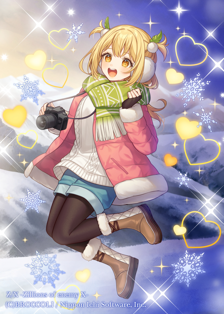 1girl :d aran_sweater bangs black_gloves black_pantyhose blonde_hair blue_shorts boots brown_footwear cable_knit camera camera_around_neck character_request christmas earmuffs fingerless_gloves fringe_trim fur-trimmed_boots fur-trimmed_jacket fur-trimmed_sleeves fur_trim gloves green_scarf heart jacket karokuchitose legwear_under_shorts long_hair long_sleeves mountain night night_sky official_art open_clothes open_jacket orange_eyes outdoors pantyhose pink_jacket scarf short_shorts shorts sky smile snow snowflakes solo sweater two_side_up white_sweater z/x