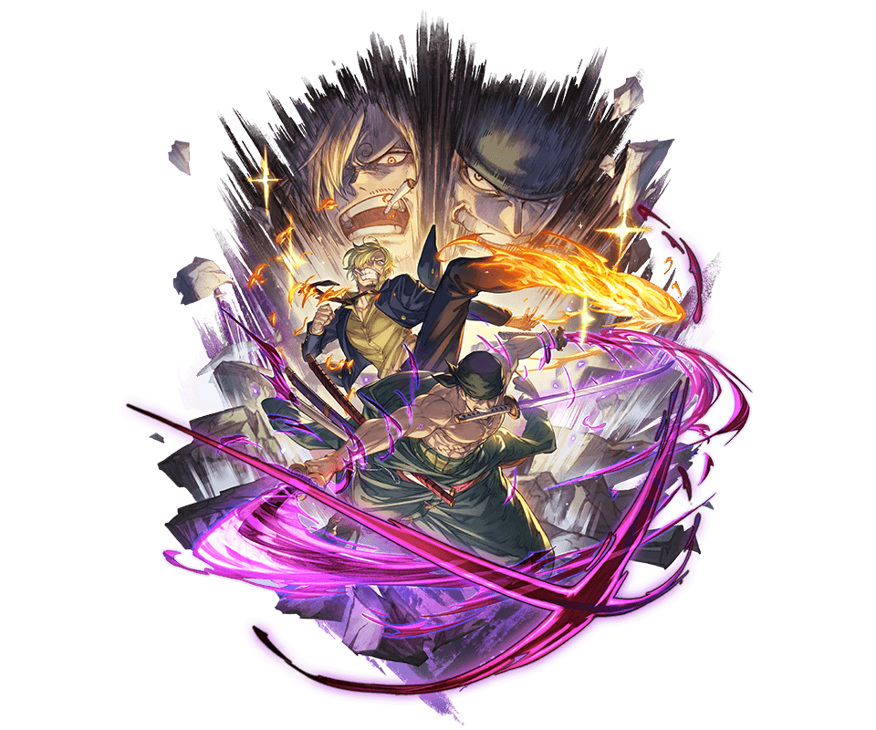 blonde_hair formal game_cg granblue_fantasy holding holding_sword holding_weapon official_art one_piece roronoa_zoro sanji_(one_piece) smoke smoking suit sword transparent_background weapon