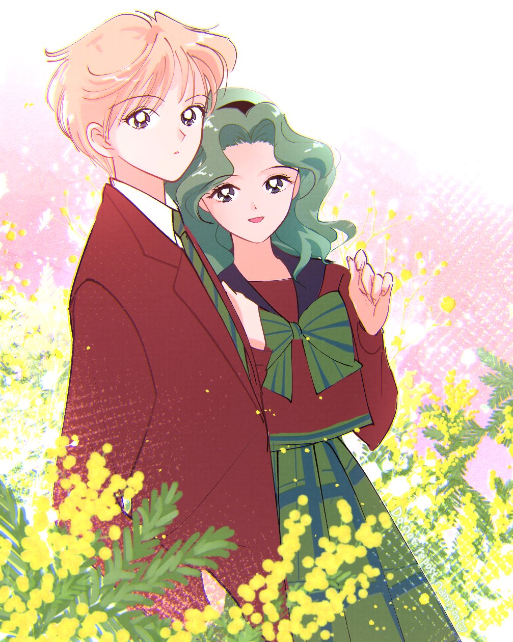 2girls bangs bishoujo_senshi_sailor_moon black_hairband blonde_hair bow bowtie collared_shirt cowboy_shot crossdressing floral_background flower green_bow green_bowtie green_hair green_necktie green_skirt hairband hand_in_pocket hand_up highres jacket kaiou_michiru long_hair long_skirt long_sleeves looking_at_viewer multiple_girls namisonpictures necktie parted_bangs parted_lips plaid plaid_skirt red_jacket red_shirt school_uniform shirt short_hair skirt smile striped_necktie suit_jacket ten'ou_haruka wavy_hair white_shirt yellow_flower yuri