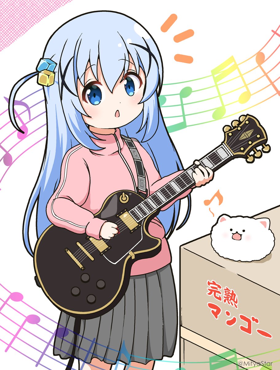 1girl angora_rabbit animal beamed_eighth_notes beamed_sixteenth_notes blue_eyes blue_hair bocchi_the_rock! box cardboard_box commentary_request cosplay cube_hair_ornament eighth_note electric_guitar gochuumon_wa_usagi_desu_ka? gotou_hitori gotou_hitori_(cosplay) grey_skirt guitar hair_ornament highres holding holding_instrument instrument jacket kafuu_chino long_hair mitya musical_note notice_lines one_side_up open_mouth parted_lips pink_jacket pleated_skirt rabbit skirt tippy_(gochiusa) track_jacket translation_request very_long_hair white_background x_hair_ornament