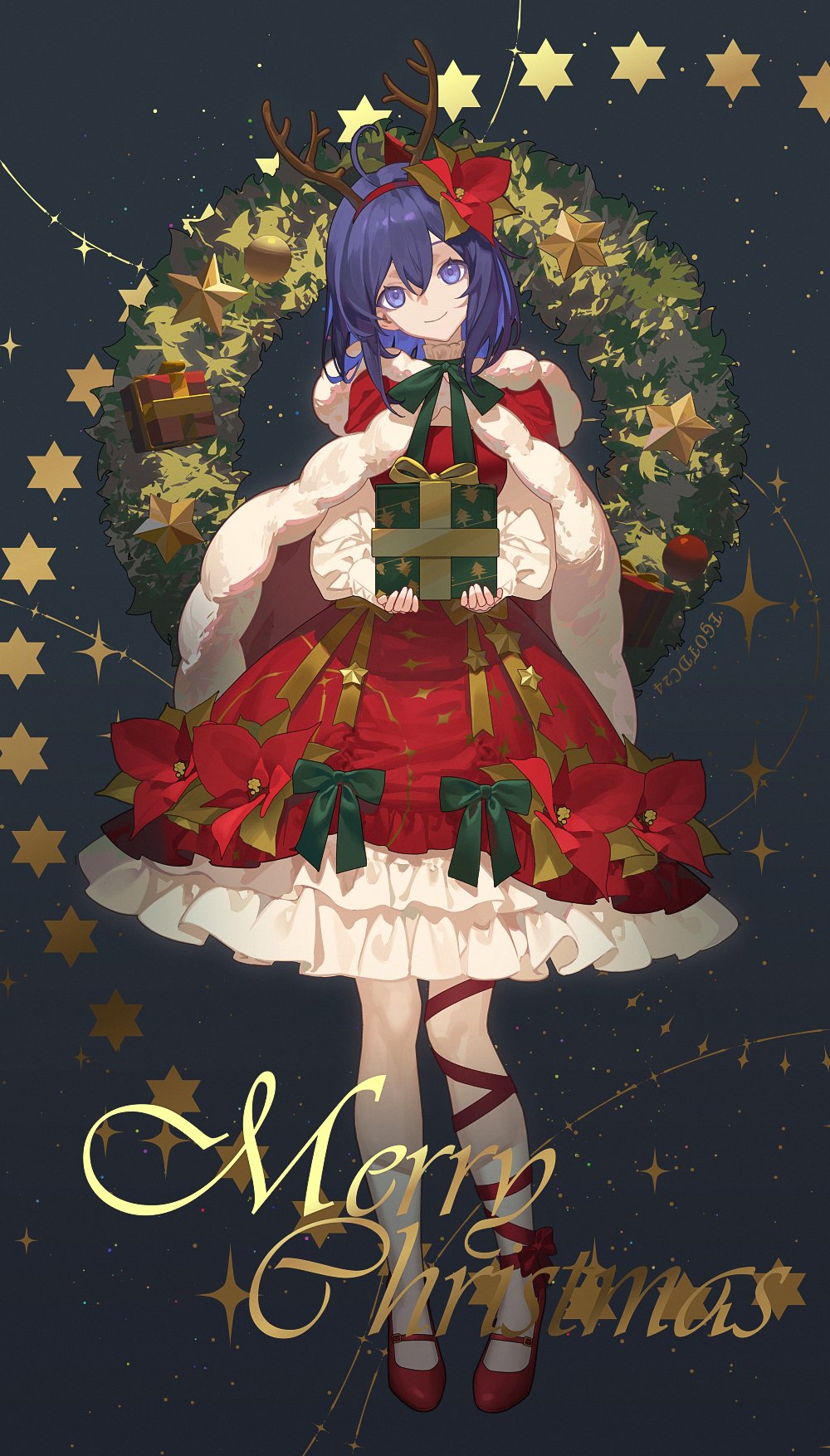 1girl ahoge bangs blue_eyes blue_hair bow bowtie cape christmas christmas_wreath closed_mouth dress fake_antlers flower full_body gift green_bow green_bowtie hair_flower hair_ornament headband high_heels highres holding holding_gift honkai_(series) honkai_impact_3rd long_sleeves looking_at_viewer merry_christmas red_cape red_dress red_flower red_footwear seele_vollerei short_hair smile solo sougishi_ego star_(symbol) thigh-highs white_thighhighs