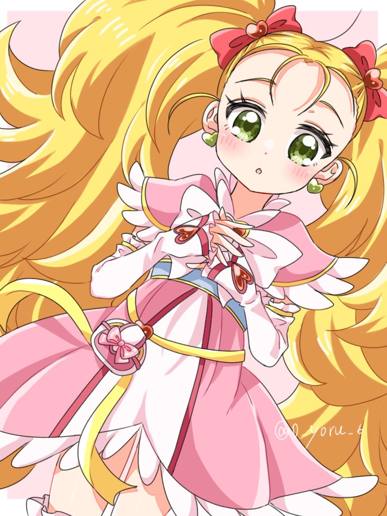 0_yoru_6 1girl arm_warmers belt_pouch blonde_hair blush bow commentary dress earrings futari_wa_precure futari_wa_precure_max_heart green_eyes hair_bow heart heart_earrings jewelry kujou_hikari long_hair open_mouth pink_dress pouch precure red_bow shiny_luminous solo twintails