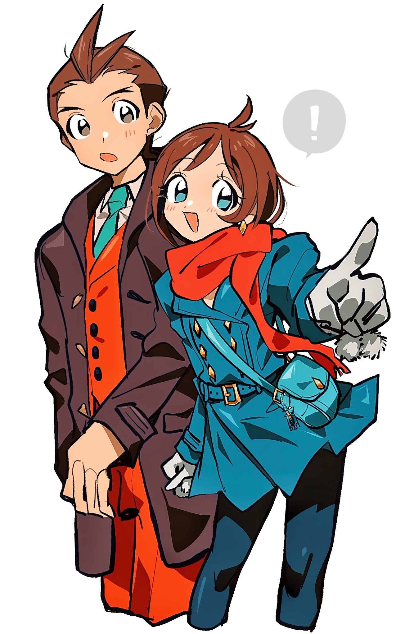 ! 1boy 1girl ace_attorney antenna_hair apollo_justice apollo_justice:_ace_attorney bag blue_coat blue_eyes blue_necktie blush brown_eyes brown_hair coat cowboy_shot earrings formal gloves grgrton highres jacket jewelry long_sleeves necktie open_mouth pants pointing pointing_at_viewer red_scarf scarf shirt short_hair simple_background smile speech_bubble suit trucy_wright white_background white_gloves