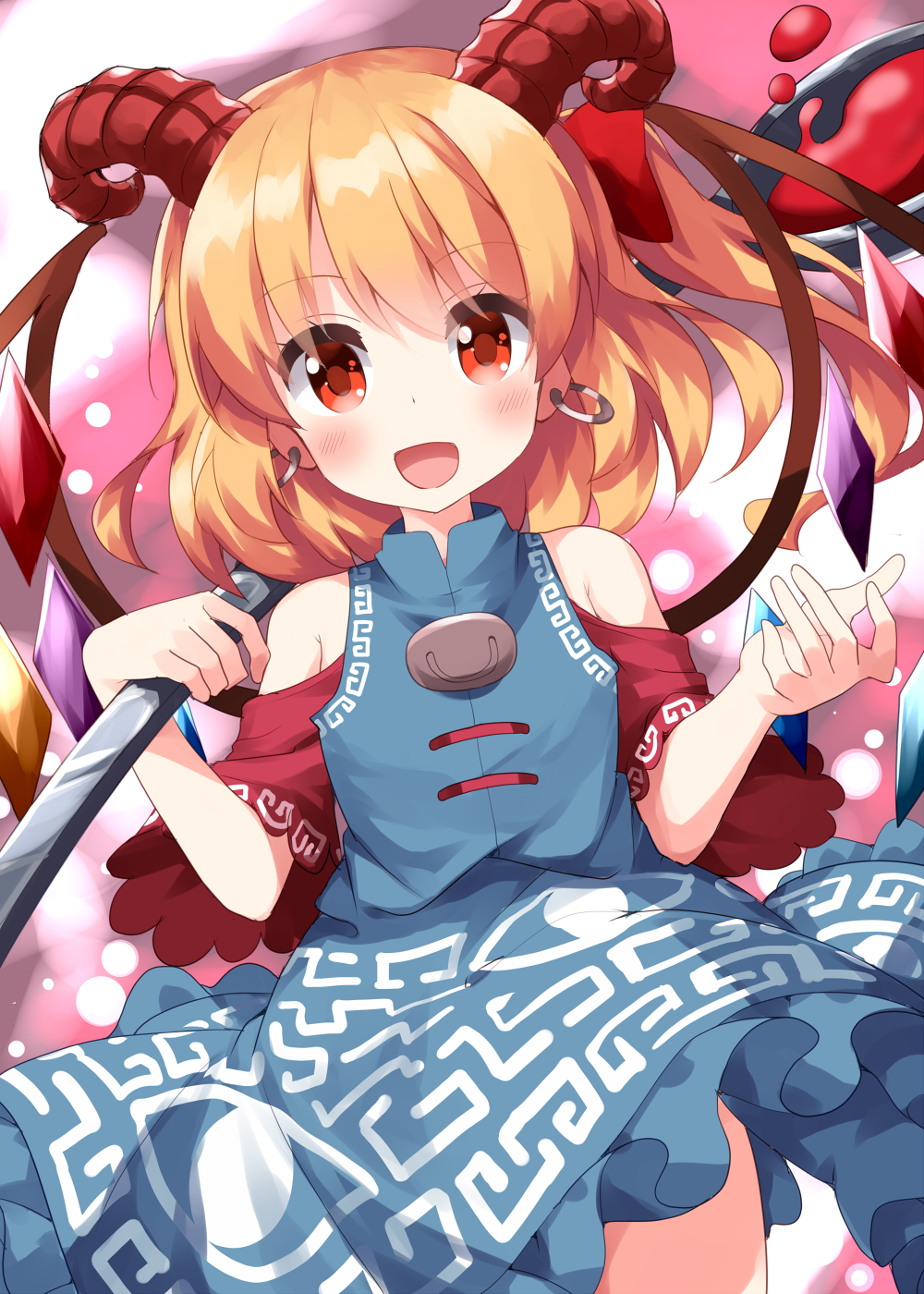 1girl blonde_hair blue_dress blush cosplay cowboy_shot crystal dress earrings flandre_scarlet highres holding holding_spoon horns jewelry long_hair looking_at_viewer meandros open_mouth oversized_object red_eyes red_horns red_sleeves ruu_(tksymkw) sheep_horns smile solo spoon touhou toutetsu_yuuma toutetsu_yuuma_(cosplay) wings