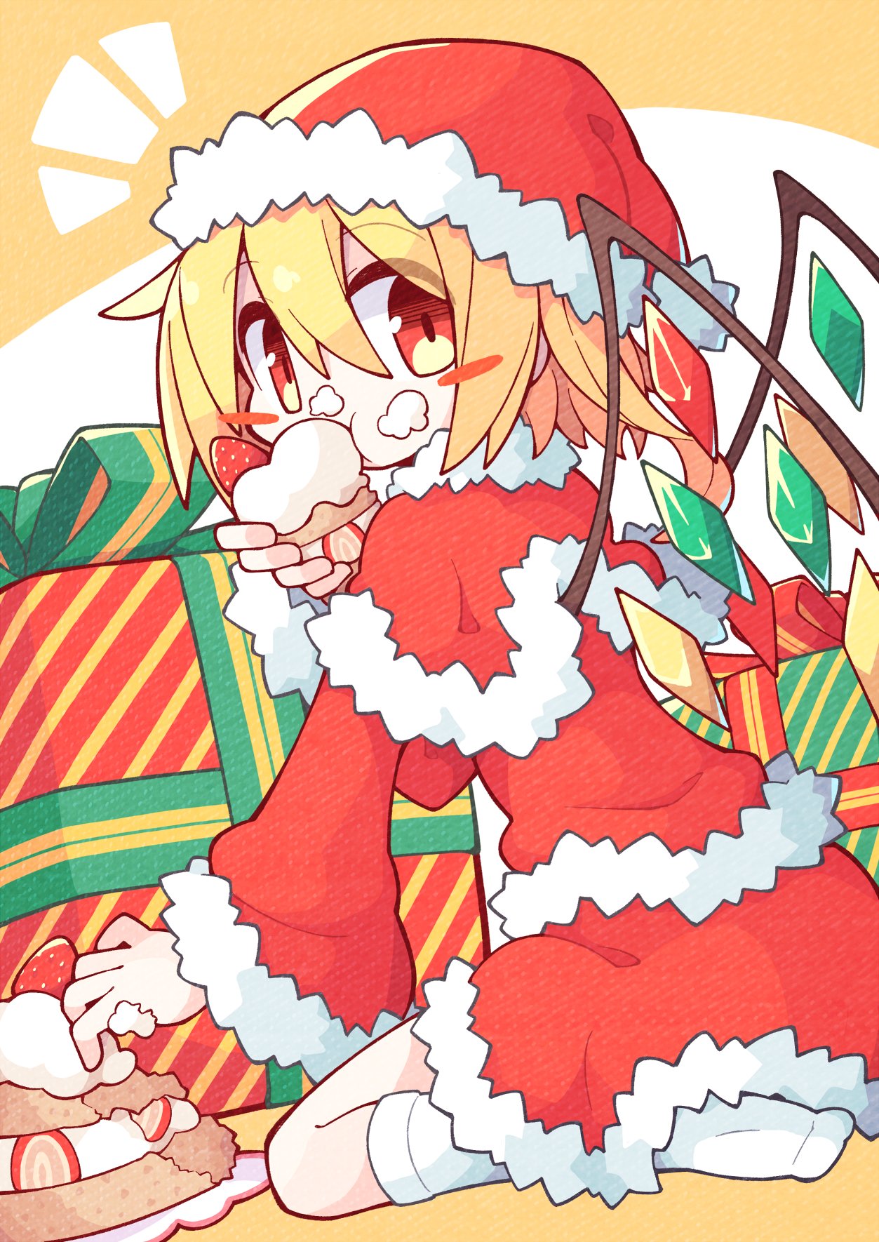 1girl asameshi blonde_hair blush_stickers cake capelet commentary crystal eating flandre_scarlet food food_on_face food_on_hand fruit full_body fur-trimmed_capelet fur-trimmed_headwear fur-trimmed_shirt fur-trimmed_skirt fur-trimmed_sleeves fur_trim gift hair_between_eyes hat highres looking_at_viewer medium_hair notice_lines red_capelet red_eyes red_headwear red_shirt red_skirt santa_costume santa_hat seiza shirt sitting skirt socks solo strawberry touhou white_socks wings