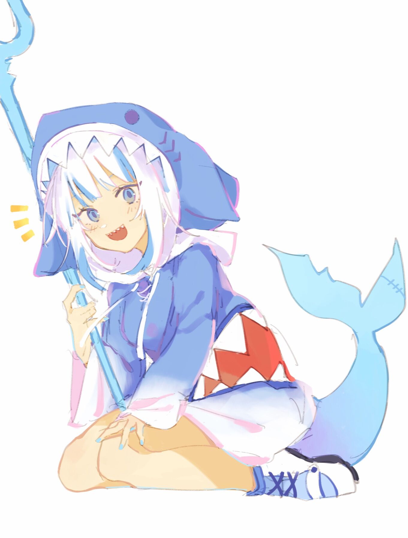 1girl animal_hood bangs blue_eyes blue_hair blue_nails blue_tail drawstring fingernails fish_tail gawr_gura hand_on_own_knee highres holding holding_trident hololive hololive_english hood hood_up long_sleeves medium_hair multicolored_hair nail_polish polearm shark_hood shark_tail sharp_teeth simple_background sitting solo stitches streaked_hair tail teeth trident two-tone_hair upper_body virno virtual_youtuber weapon white_background white_hair