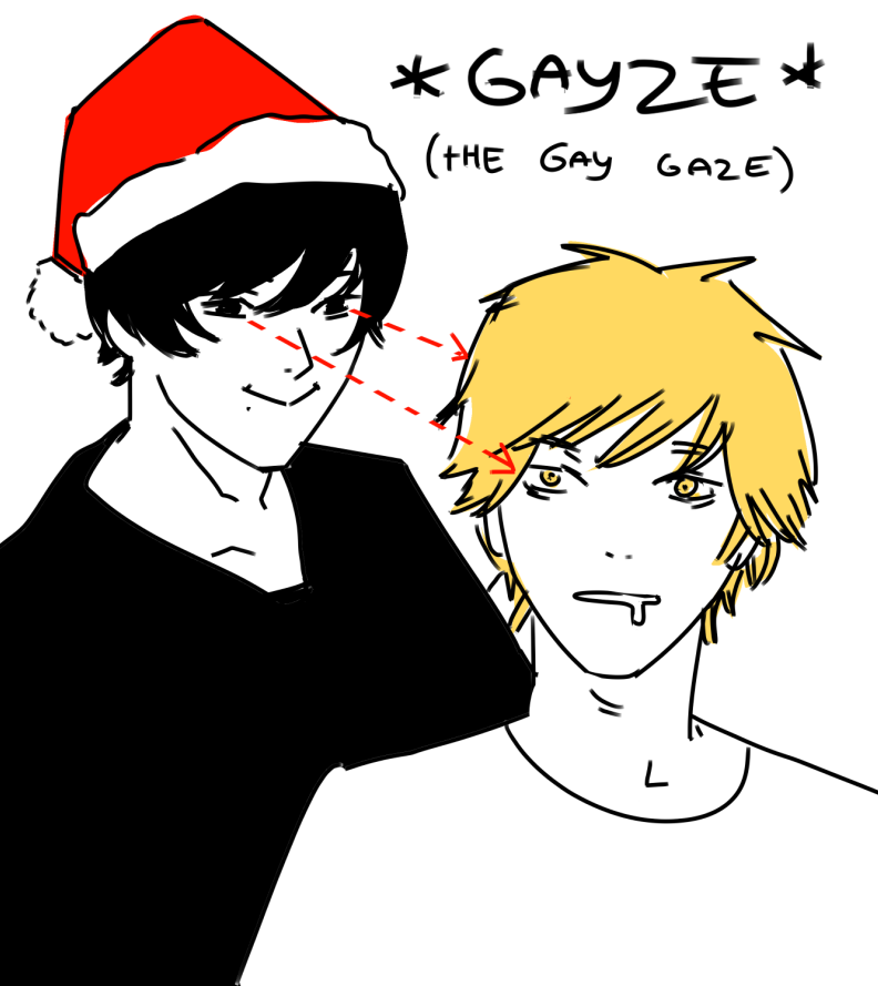 2boys :&gt; bangs black_hair black_shirt blonde_hair chainsaw_man denji_(chainsaw_man) hat looking_at_another looking_at_viewer male_focus mole mole_under_mouth multiple_boys open_mouth saliva santa_hat shirt short_hair simple_background smile white_background white_shirt xyanaid yellow_eyes yoshida_hirofumi