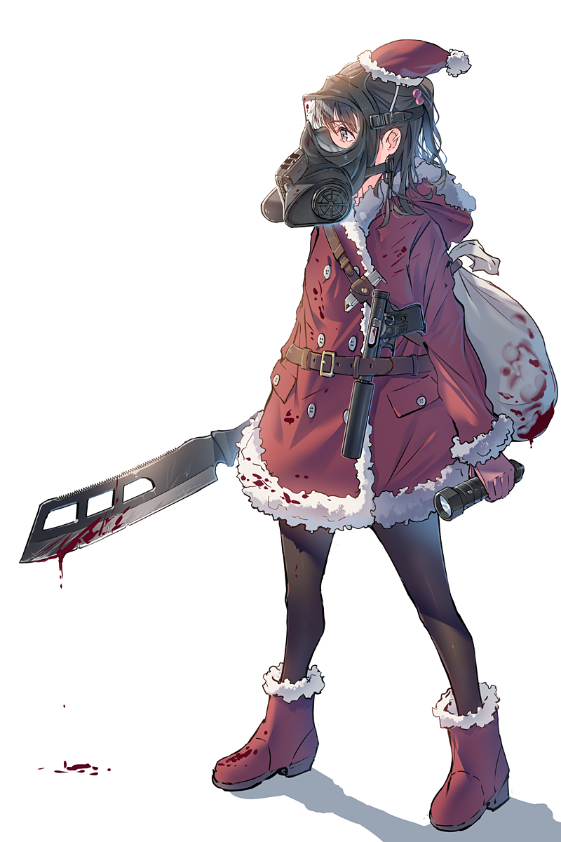 1girl black_hair blood blood_on_clothes blood_on_knife boots brown_eyes coat daito fur-trimmed_boots fur-trimmed_jacket fur_trim gas_mask hat highres holding holding_knife holding_torch jacket knife mask original red_coat red_footwear ruger_standard sack santa_costume santa_hat shadow solo suppressor torch white_background