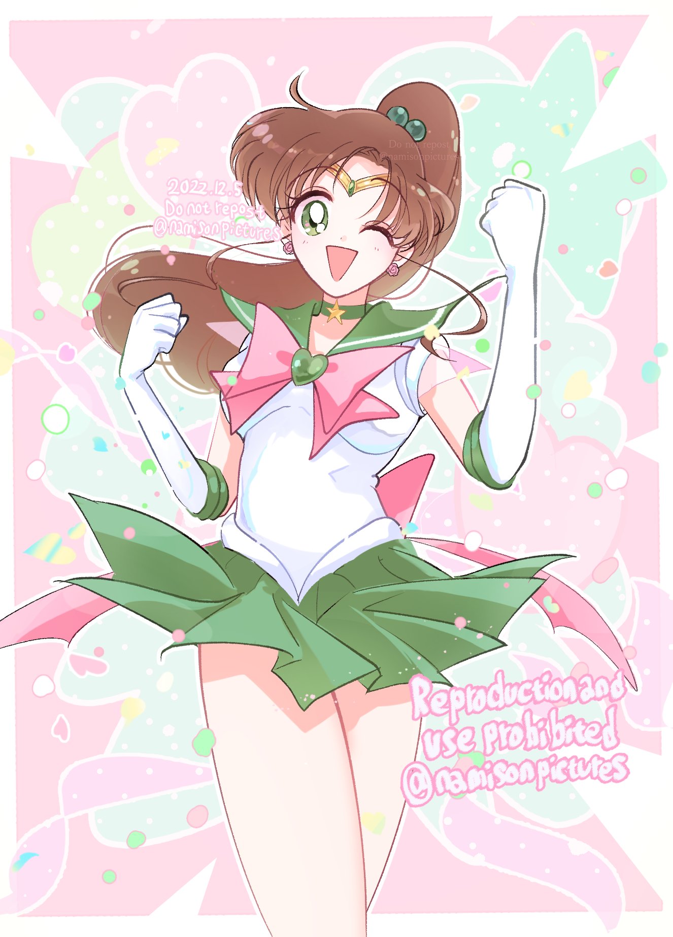1girl back_bow bangs bishoujo_senshi_sailor_moon bow bowtie breasts brooch brown_hair choker clenched_hands cowboy_shot dated earrings elbow_gloves flower_earrings gloves green_choker green_eyes green_sailor_collar green_skirt hair_bobbles hair_ornament highres jewelry kino_makoto long_hair looking_at_viewer medium_breasts miniskirt namisonpictures one_eye_closed open_mouth parted_bangs pink_bow pink_bowtie pleated_skirt ponytail sailor_collar sailor_senshi_uniform school_uniform see-through see-through_sleeves serafuku shirt short_sleeves skirt smile solo star_(symbol) star_choker thighs tiara twitter_username white_gloves white_shirt