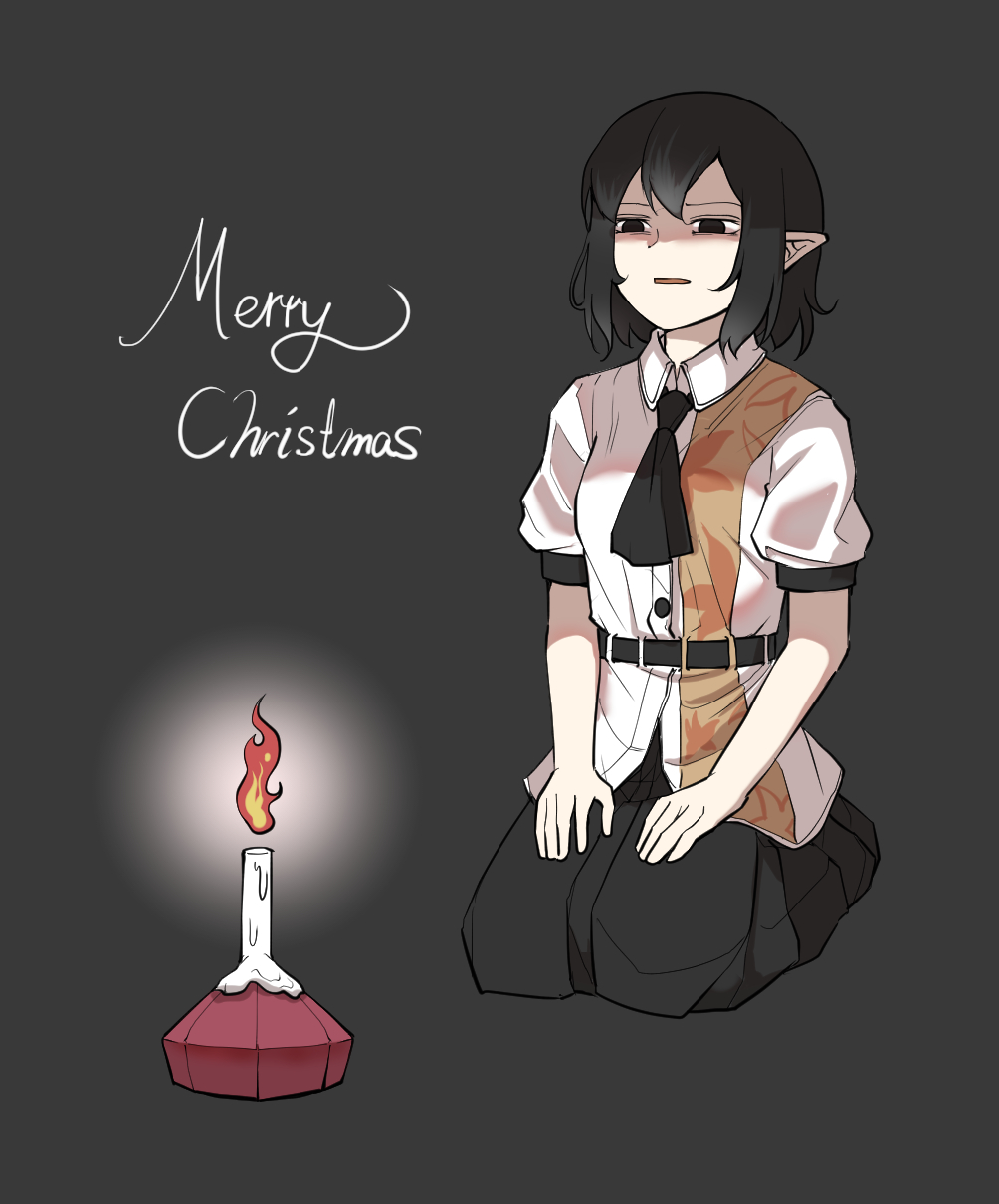 1girl black_eyes black_hair black_pants candle english_text fire grey_background hands_on_own_knees highres kneeling merry_christmas open_mouth pants peroponesosu. shameimaru_aya shirt short_sleeves solo touhou white_shirt