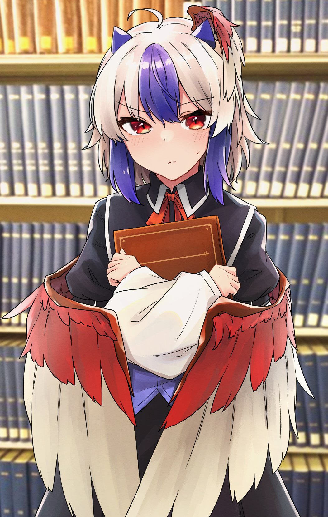 1girl ahoge annoyed bangs bird_wings black_skirt blue_hair blush book bookshelf closed_mouth collar gunsou1350 head_wings highres holding holding_book horns long_sleeves looking_at_viewer multicolored_hair neck_ribbon photo_background red_eyes red_wings ribbon short_hair single_head_wing skirt solo tokiko_(touhou) touhou two-tone_hair two-tone_wings white_hair white_wings wings