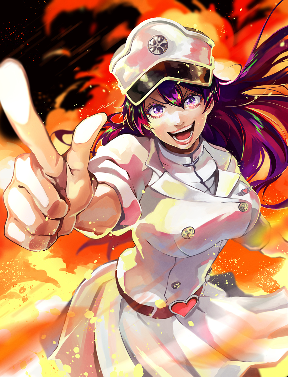 1girl bambietta_basterbine bangs black_hair bleach bleach:_the_thousand-year_blood_war breasts buttons collar cowboy_shot doyagao explosion eyelashes fire hair_between_eyes hat heart heart_belt highres large_breasts lips long_hair long_sleeves looking_at_viewer military military_hat military_uniform miniskirt moroi nose open_mouth outstretched_arm peaked_cap pleated_skirt pointing quincy shirt signature skirt smile smug solo standing tongue uniform v-shaped_eyebrows violet_eyes white_collar white_headwear white_shirt