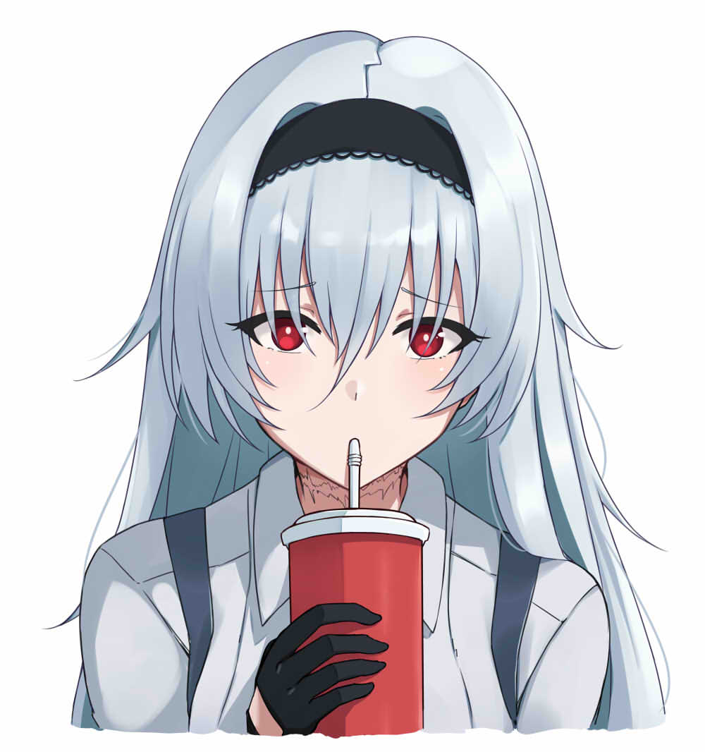 1girl agano_(yoshii_aki) black_gloves black_hairband collarbone commentary commission cup drinking drinking_straw english_commentary girls_frontline gloves grey_hair hair_between_eyes hairband holding holding_cup long_hair looking_at_viewer red_eyes scar scar_on_neck shirt simple_background solo suspenders thunder_(girls'_frontline) upper_body white_background white_shirt