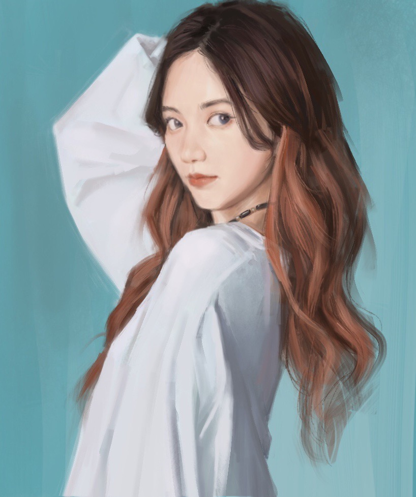 1girl arm_behind_head black_choker blue_background blue_eyes blue_shirt brown_hair chic_chili choker expressionless from_side long_hair looking_back looking_to_the_side making-of_available real_life realistic red_lips shirt solo su_ruiqi wo_zhi_daozi_qi_yi_qu_shang_yin_gu