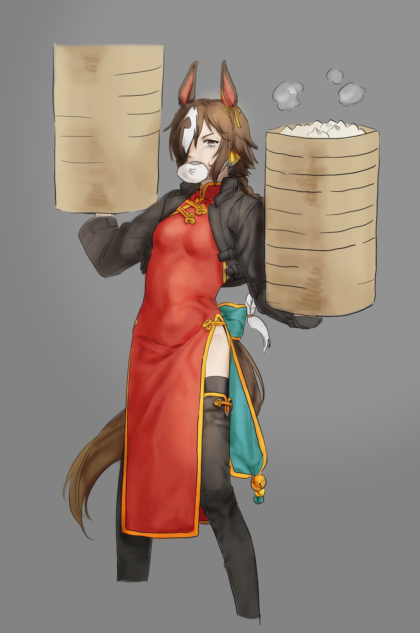 1girl animal_ears baozi black_footwear black_jacket boots braid braided_ponytail brown_eyes brown_hair china_dress chinese_clothes dress food food_in_mouth grey_background hair_over_one_eye highres holding horse_ears horse_girl horse_tail jacket long_hair long_sleeves looking_at_viewer pelvic_curtain red_dress simple_background solo tail thigh_boots umamusume umm_175 vodka_(umamusume)