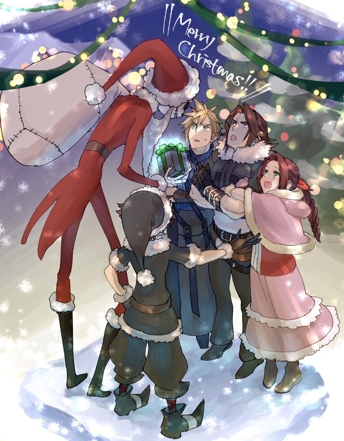 1girl 4boys aerith_gainsborough alternate_costume aqua_eyes arm_strap bag bangs belt black_footwear black_gloves black_headwear black_jacket black_pants blue_eyes blue_shirt boots box braid braided_ponytail brown_footwear brown_hair capelet christmas christmas_lights christmas_tree cloud_strife crossed_arms dress facing_another fake_beard fake_facial_hair final_fantasy final_fantasy_vii final_fantasy_vii_advent_children final_fantasy_viii fur-trimmed_capelet fur-trimmed_gloves fur-trimmed_jacket fur_trim gift gift_box gloves green_eyes hair_between_eyes hair_ribbon hand_on_hip hat height_difference highres holding holding_another's_arm holding_bag holding_gift jack_skellington jacket kingdom_hearts kingdom_hearts_ii long_hair long_sleeves looking_at_another medium_hair merry_christmas multiple_boys official_alternate_costume open_mouth pants parted_bangs pink_capelet pink_dress pointy_footwear red_headwear red_jacket red_ribbon ribbon ryouto santa_costume santa_hat scar scar_on_face scar_on_forehead shirt short_hair short_sleeves skeleton snow snowing sora_(kingdom_hearts) spiky_hair squall_leonhart streamers sweatdrop the_nightmare_before_christmas toned toned_male waist_cape winter_clothes