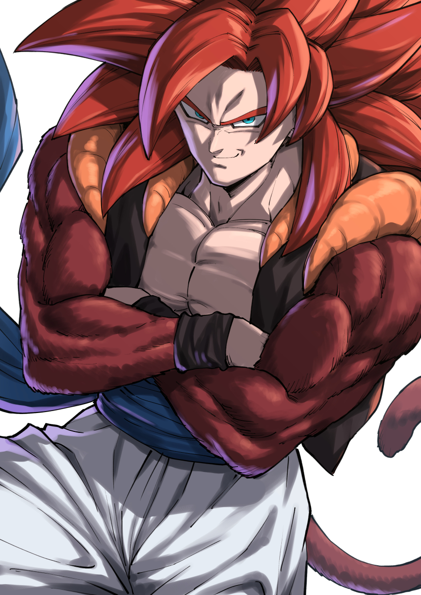 abs bangs blue_sash body_fur brown_fur closed_mouth crossed_arms dragon_ball dragon_ball_gt fusion fusion_dance gogeta green_eyes highres large_pectorals long_hair looking_at_viewer male_focus metamoran_vest monkey_boy monkey_tail muscular muscular_male pectorals redhead sash shouji_nigou simple_background smile smirk solo spiky_hair super_saiyan super_saiyan_4 tail