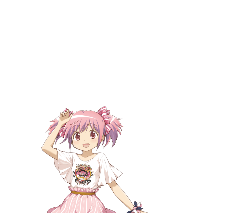 1girl :d arm_at_side arm_up bangs blush bow character_print coco_ichibanya dot_nose hair_bow kaname_madoka looking_at_viewer magia_record:_mahou_shoujo_madoka_magica_gaiden mahou_shoujo_madoka_magica official_art open_mouth pink_bow pink_hair pink_skirt print_shirt scrunchie shirt short_hair short_sleeves simple_background skirt smile solo striped striped_bow striped_skirt swept_bangs t-shirt transparent_background twintails upper_body vertical-striped_skirt vertical_stripes white_shirt wrist_scrunchie