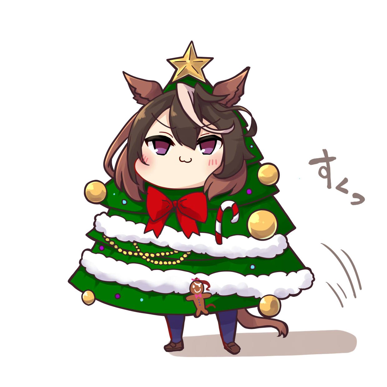 1girl :3 animal_ears bow bowtie brown_hair candy candy_cane chibi christmas_tree christmas_tree_costume doyagao food gingerbread_man highres horse_ears horse_girl horse_tail illuminate_the_heart_(umamusume) long_hair looking_at_viewer multicolored_hair official_alternate_costume red_bow red_bowtie simple_background smug solo soramuko streaked_hair symboli_rudolf_(christmas_emperor_tree)_(umamusume) symboli_rudolf_(umamusume) tail umamusume violet_eyes white_background white_hair