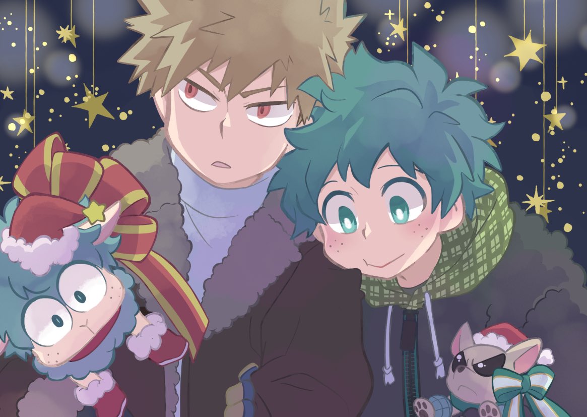 2boys animal animalization bakugou_katsuki blonde_hair blush boku_no_hero_academia bow bright_pupils brown_coat brown_dog chihuahua christmas closed_mouth clothed_animal coat commentary_request dog freckles green_bow green_eyes green_hair green_scarf hat head_on_another's_shoulder holding holding_animal kan_(k_mham1212) male_focus midoriya_izuku multiple_boys open_mouth red_bow red_eyes red_headwear santa_hat scarf sheep short_hair smile spiky_hair star_(symbol) upper_body white_pupils winter_clothes zipper